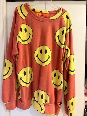 Aviator Nation Coral Sweatshirt with Yellow Smiley Faces